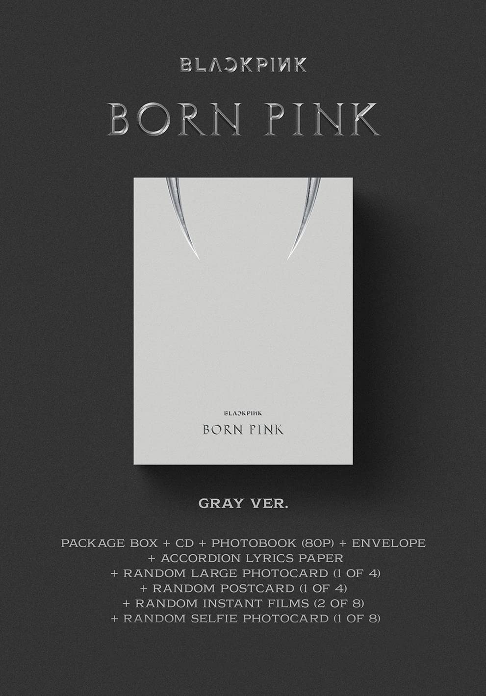 BLACKPINK - [BORN PINK BOX SET ver.] (GRAY Version) 2nd Album CD+Photobook+Envelope+Lyrics Paper+Large Photocard+Postcard+Instant Films+Selfie Photocard+(Extra BLACKPINK 5 Photocards+Pocket Mirror)
