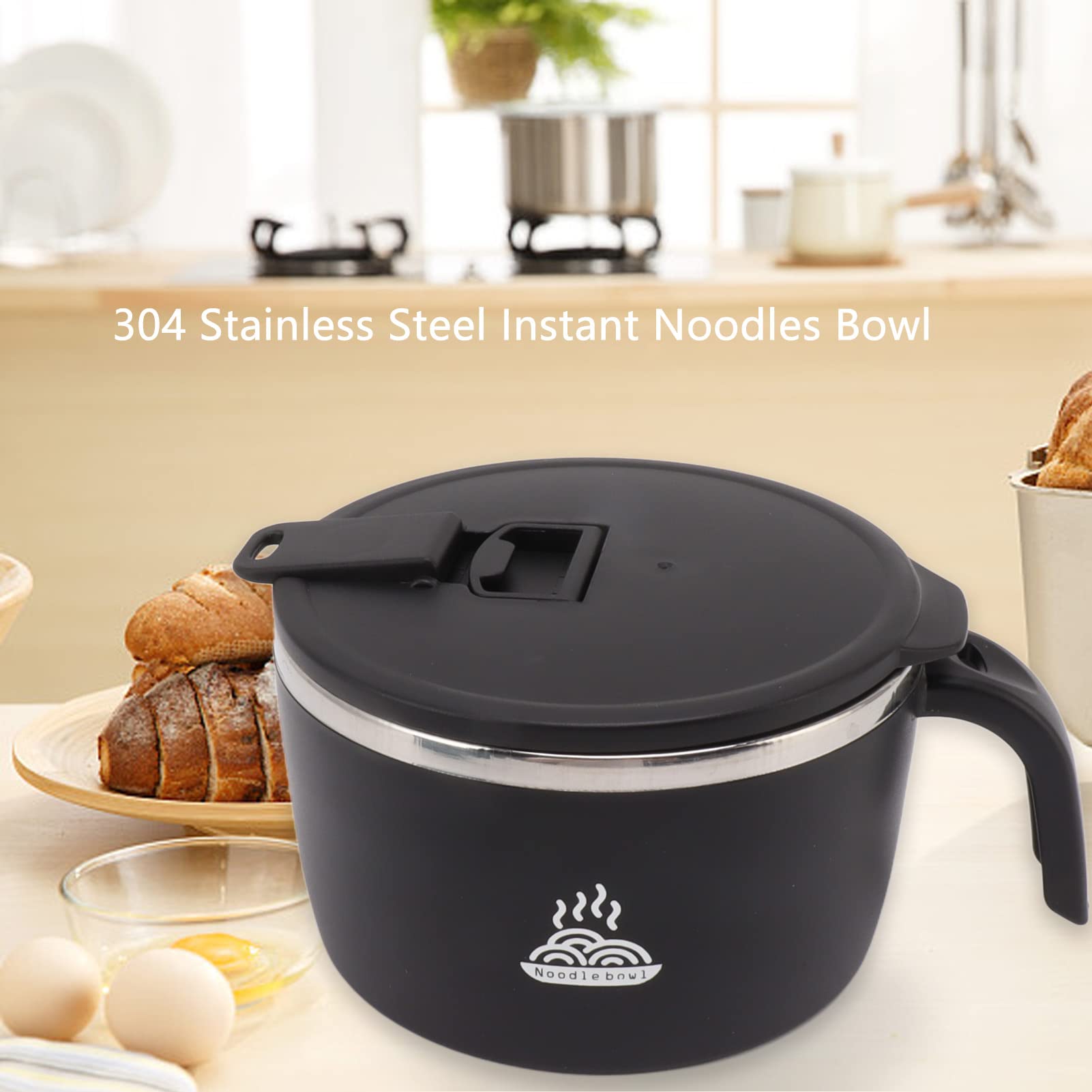 gernie Tazón de Fideos Instantáneos, Tazón de Ramen Instantáneo de Acero Inoxidable de 900 Ml con Tapa y Soporte para Teléfono Tazón de Sopa de Fideos Instantáneos, Cocina de Fideos