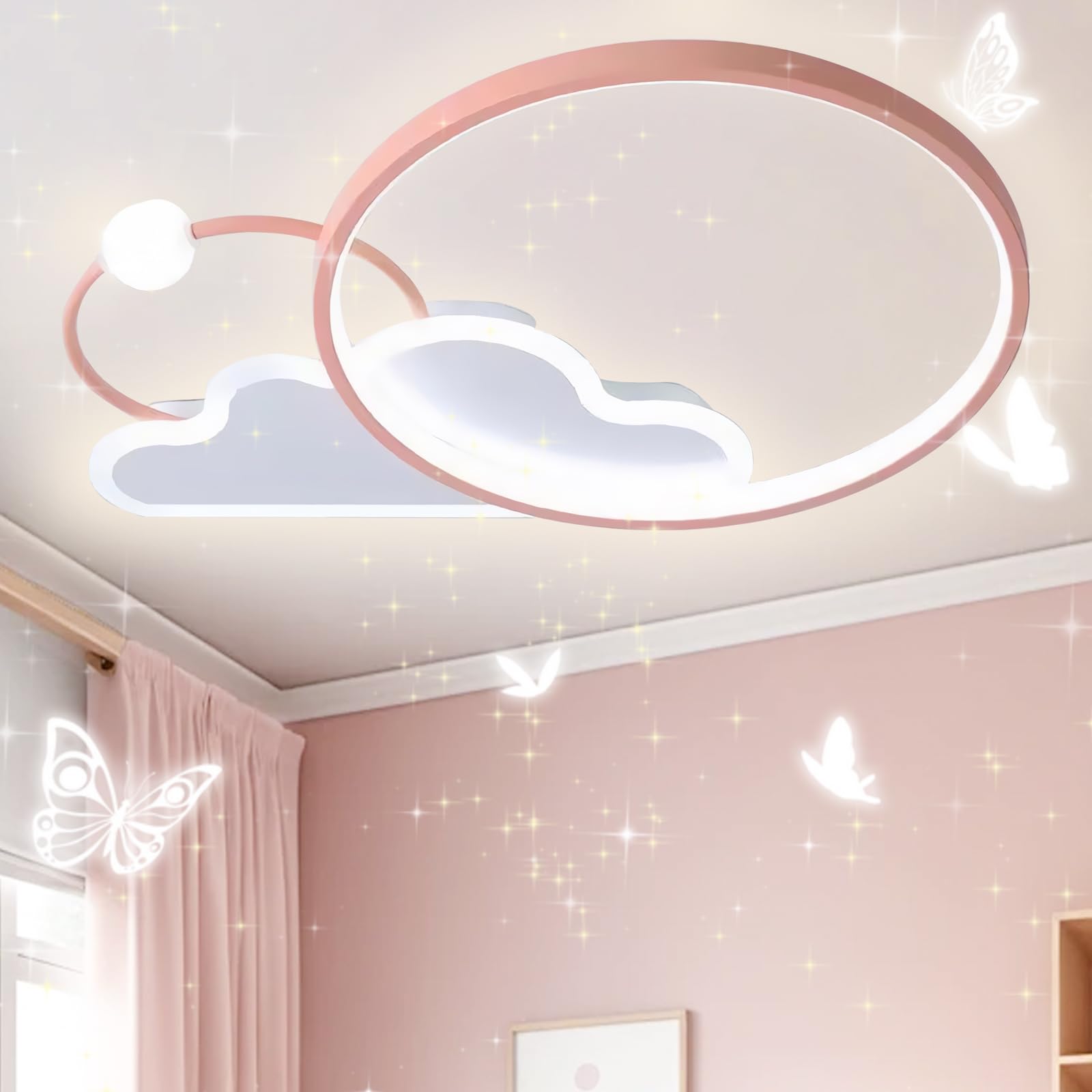 SXDMOUBK 52CM Cloud Kids LED Ceiling Lights with Remote, Modern Pink Round Flush Mount Fixture, Dimmable Ceiling Lamps for Boy and Girl, 3 Color Light for Nursery/Kids Room, 35W, 3000K-6500K-Pink