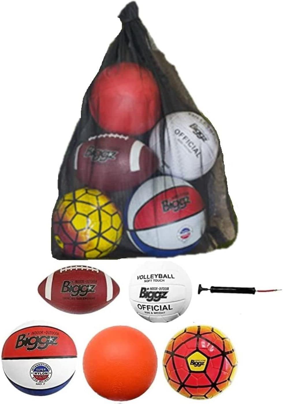 Biggz Bag of Sport Balls – Basketball, Soccer Ball, Football, Volleyball, Red Playground Ball, and Pump