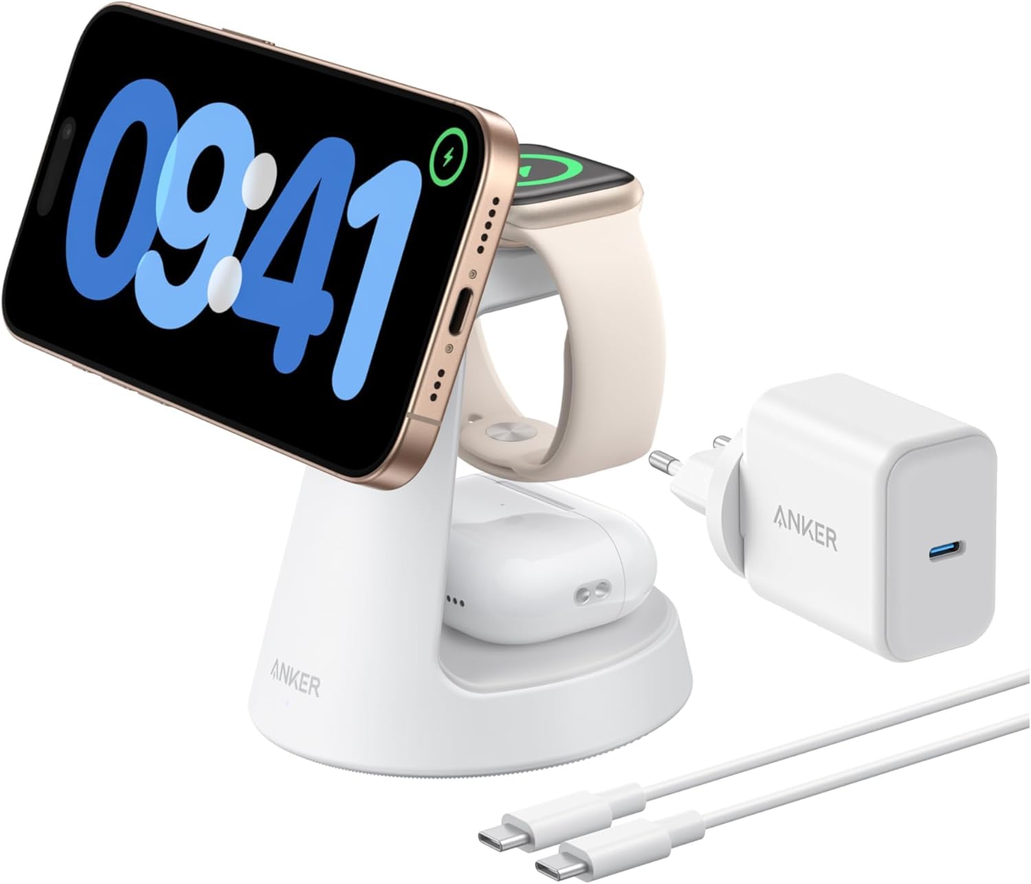 Anker MagGo Caricatore Wireless iPhone Magnetico 15W (Dock Stand), Caricatore Compatibile con MagSafe 3 in 1 Certificato Qi2, per iPhone 17/16/15, Apple Watch, AirPods Pro e altro (Adattatore Incluso)
