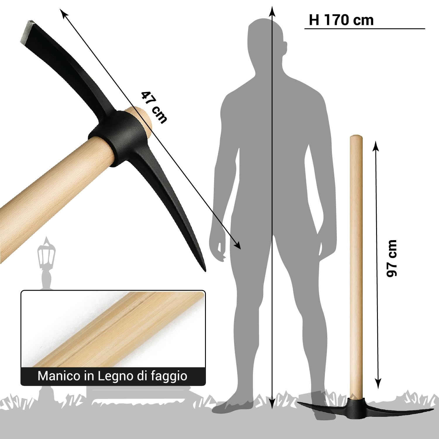 Crisalide® Set d'outils Pelle et Picone – Pelle en acier renforcé 40 x 29 cm avec poignée hêtre 135 cm + pic 47 cm en acier trempé – outils de creusement résistants pour sols durs et rocheux.