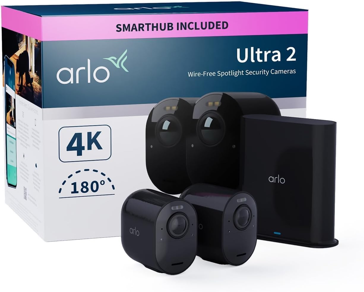 Arlo Ultra 2 Camara de Vigilancia WiFi Exterior 4K, Camara de Vigilancia WiFi Interior, Sensor de Movimiento, Alarmas Para Casa, Visión Nocturna Color, Prueba Arlo Secure Incluida , 2 Cámaras, Negras
