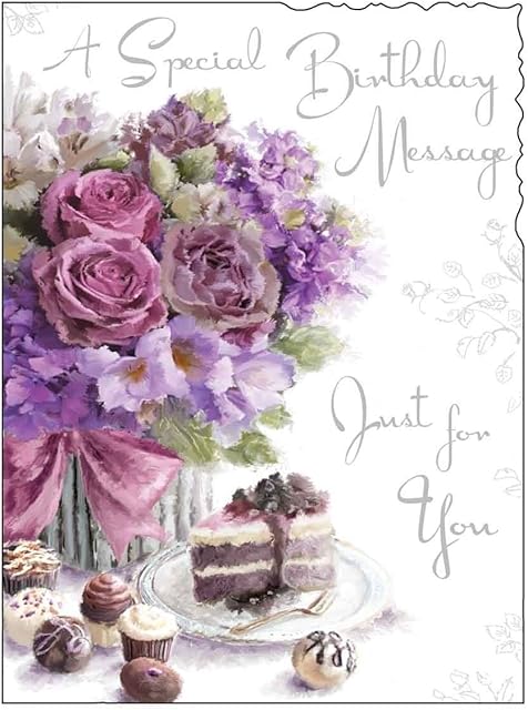 Female Birthday/Greetings Card (JJ8887) - Velvet - Flowers & Cake - Silver Embossed