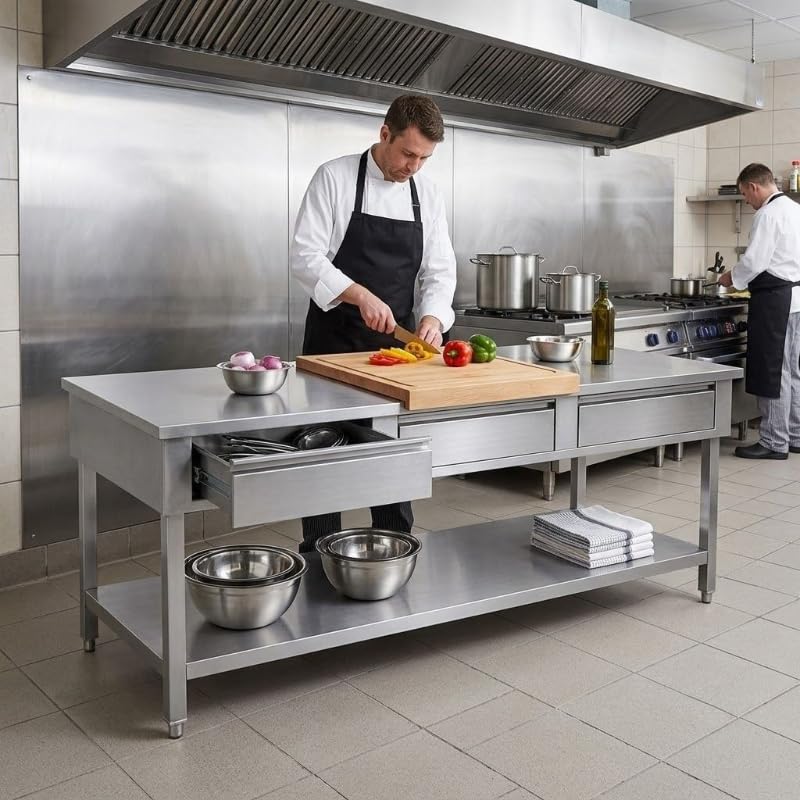 Générique Table de Travail INOX avec 3 Tiroirs et Étagère, 200x60x85 cm