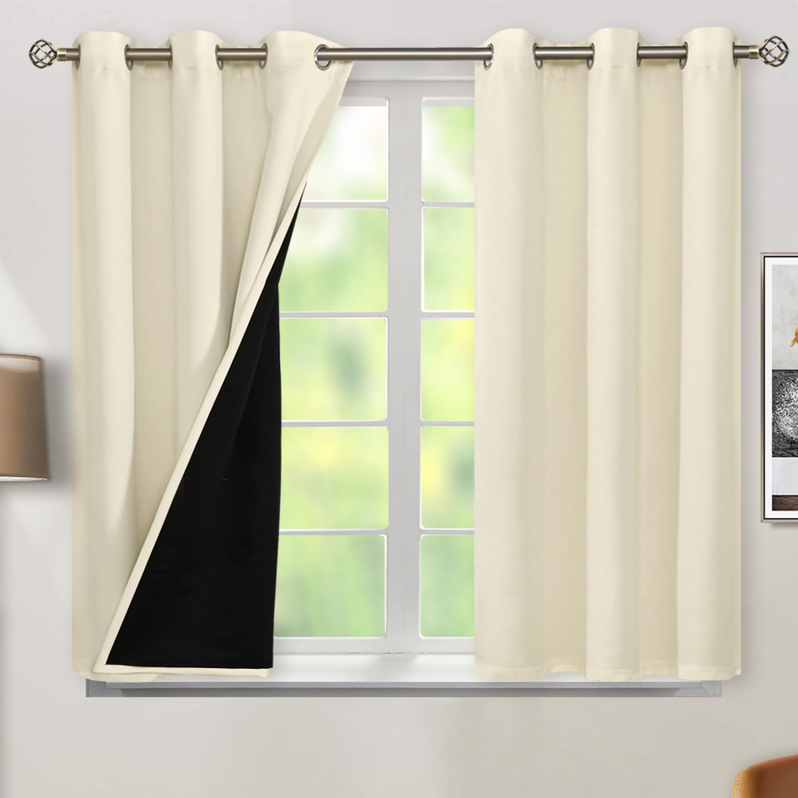 BGment Thermal Insulated 100% Blackout Curtains for Bedroom with Black Liner, Double Layer Full Room Darkening Noise Reducing Grommet Curtain (42 x 45 Inch, Cream, 2 Panels)
