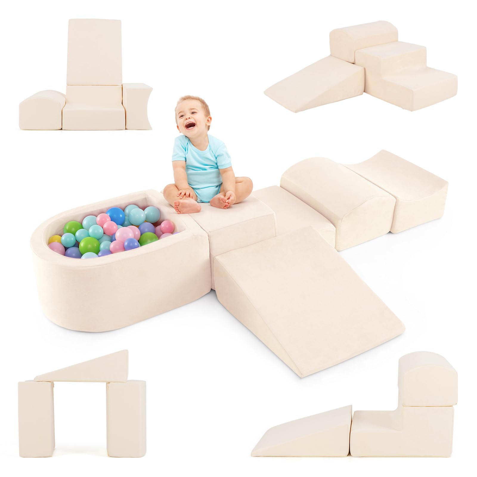 DREAMADE 5 x Baby Motor Skills Course with Washable Cover, Building Blocks with Ball Pool, Motor Skills Module for Children 3+ Years, Without Balls (Beige) - 1