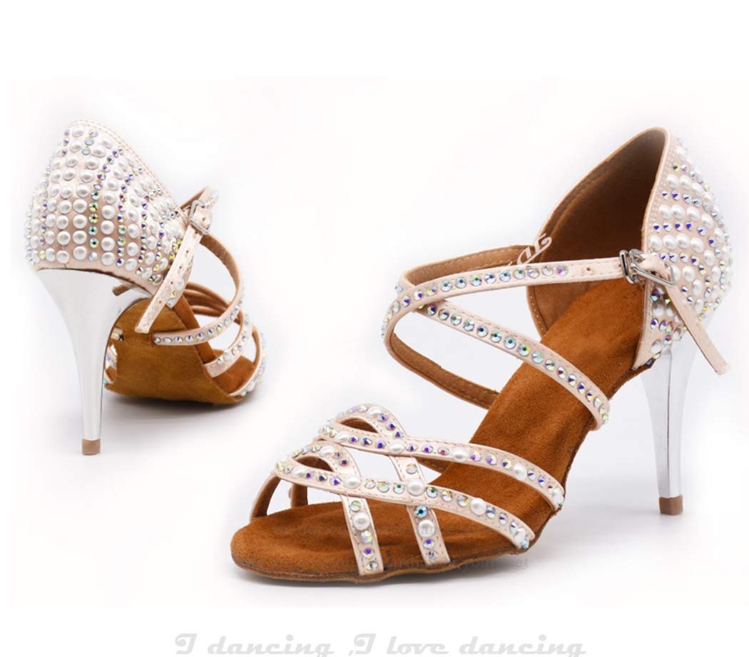 TDA Women's Open Toe Pearl Rhinestones Beige Satin Cut-Out Salsa Tango Prom Latin Modern Dance Shoes Wedding Praty Sandals 7.5 M US