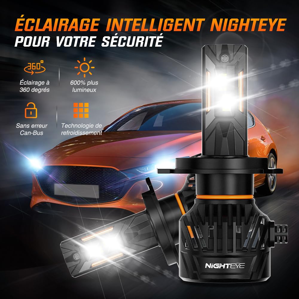 NIGHTEYE Ampoule LED H4 Phare, 34000LM, 130W, Pack de 2 | 6500K Lumière Blanche, Ventilateur Intégré, IP68, 100000 Heures, Remplacement Halogène, Faisceau Net