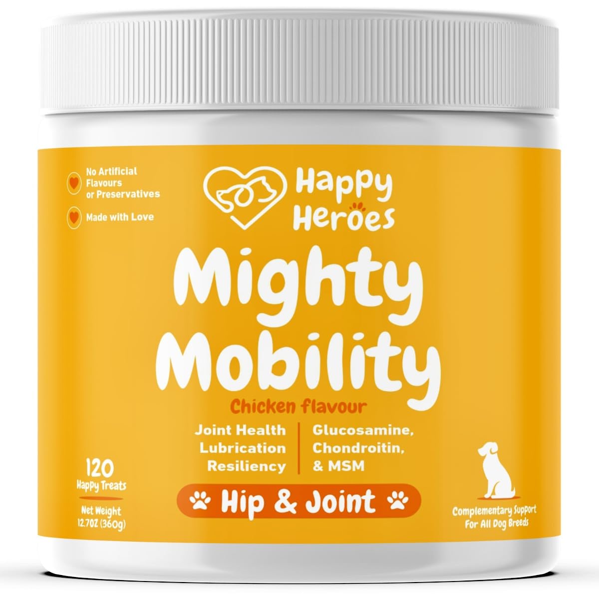 Happy HeroesMighty Mobility: Premium Dog Hip & Joint Care - Rich in Glucosamine, Chondroitin, MSM, & Essential Vitamins for Optimal Health.