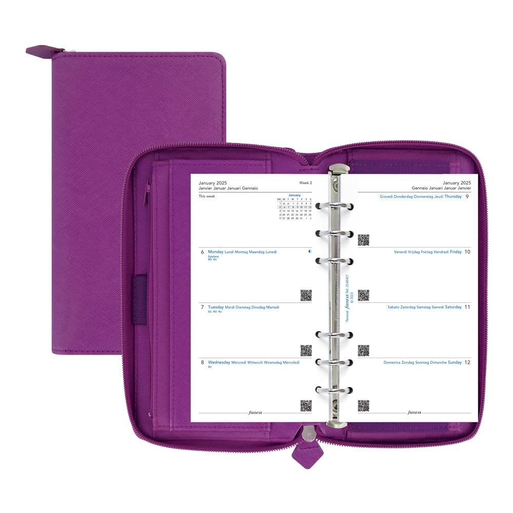 Filofax Saffiano C022535-25 - Organizer con cerniera, formato compatto e personale, color rasperry, effetto pelle, 6 anelli, visualizzazione settimanale, multilingue