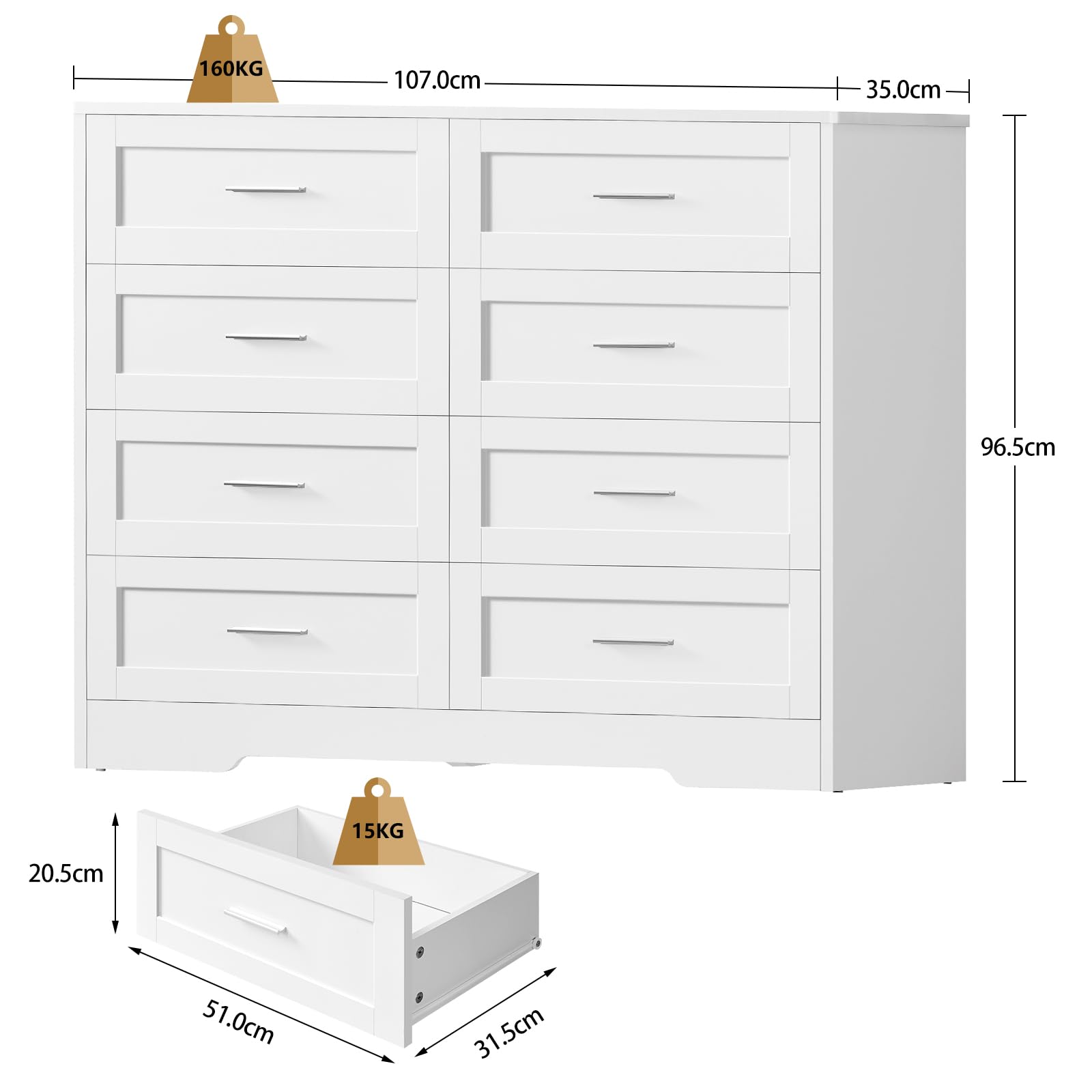 TEENFON Cassettiera Camera da Letto, Settimino con 8 Cassetti - Comò Bianco Moderno e Salvaspazio, Ideale per Soggiorno e Ingresso, 107x35x96.5 cm