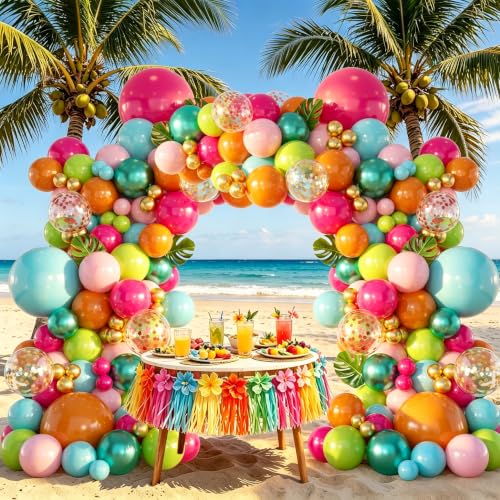 Image of 146PCS Tropical Balloon Arch Garland Kit, Olive Green Hot Pink Orange Rose Gold Confetti Balloons For Hawaiian Luau Aloha Flamingo Party Decorations Birthday Summer Beach Supplies