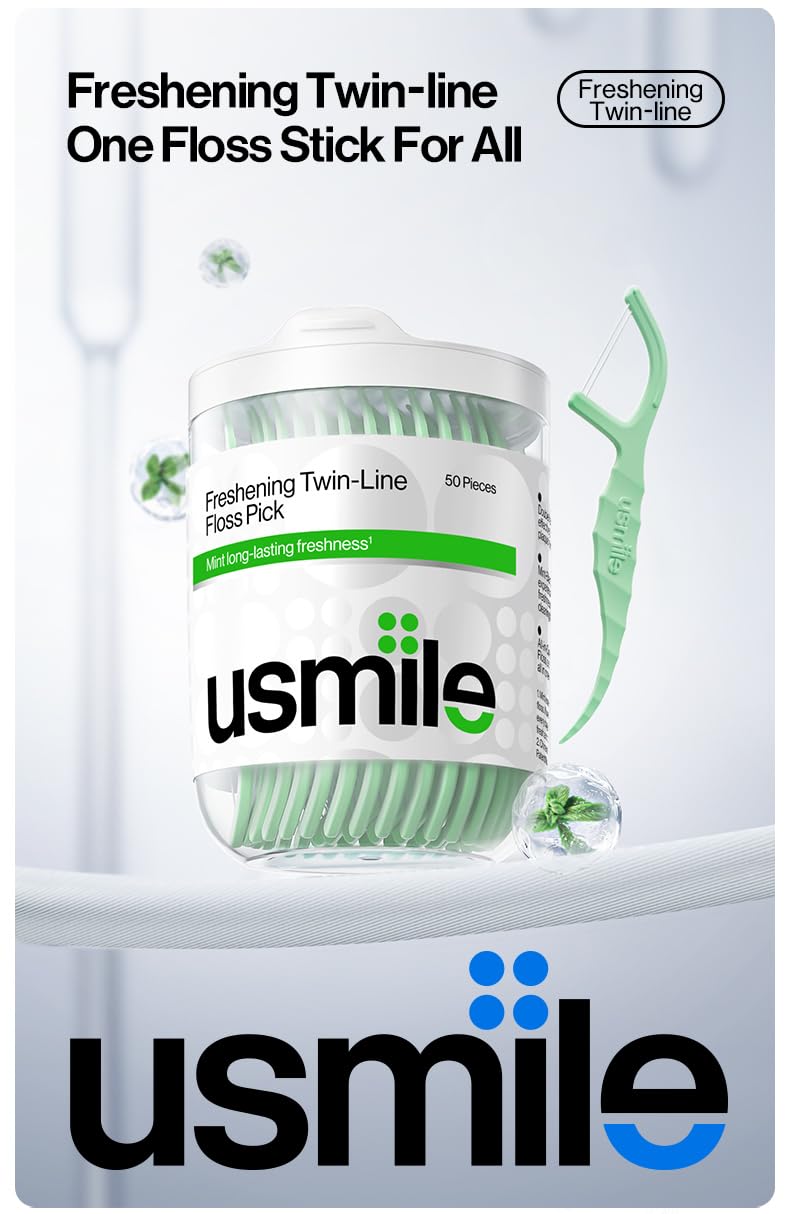 【4-in-1-Bundle】 usmile C10 Tragbarer Munddusche (Blau & Weiß), Reiseetui & 2×50 Zahnseide-Sticks – Komplettes Mundpflege-Set für die ganze Familie (Zuhause & Unterwegs)