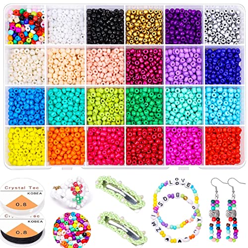 4800 Stück 4mm Perlen zum Auffädeln Glasperlen Rocailles Perlen Bastelperlen Armbänder Selber Machen Set mit Elastischen Schnur, für Armbänder Halskette Ohrringe Schmuck Basteln Schmuckherstellung Cover