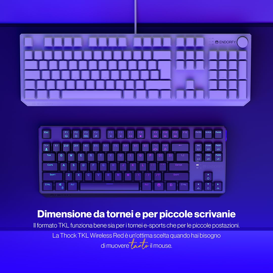 Endorfy Thock TKL Wireless Red, tastiera meccanica TKL wireless, QWERTY, switch Kailh Box Red, retroilluminazione RGB, keycaps in PBT, EY5A080