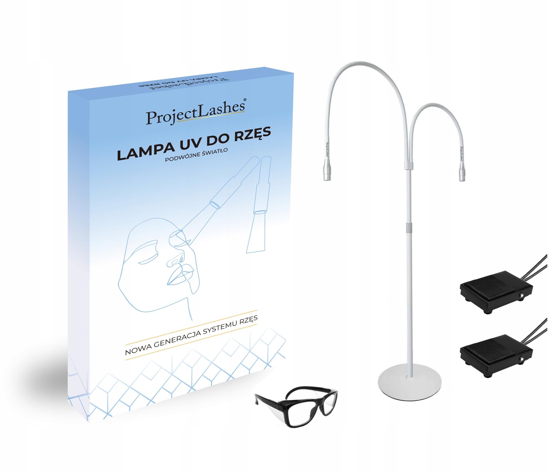 Podwójna lampa UV LED biała z okularami | Podwójna lampa UV LED, kolor biały, okulary ochronne w zestawie