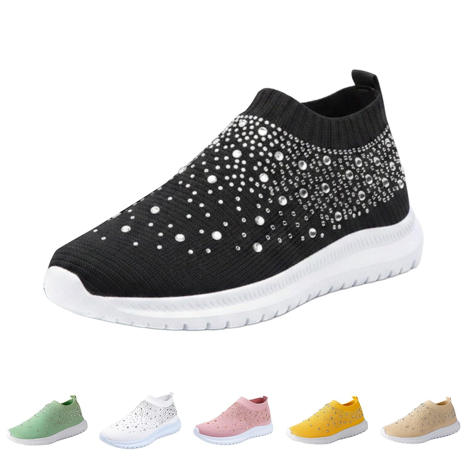 Scarpe da ginnastica da donna glamour con strass a maglia, senza lacci, con strass, per vacanze, crociere e feste, Nero , 39.5 EU