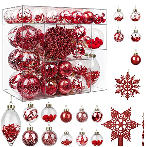 SHareconn 80 Pezzi Decorativi per Palle di Natale Set, Infrangibili Palline di Natale in Plastica Trasparente, Ornamento per Della Palla Albero di Natale per Vacanza/Matrimonio/Festa, Rosso