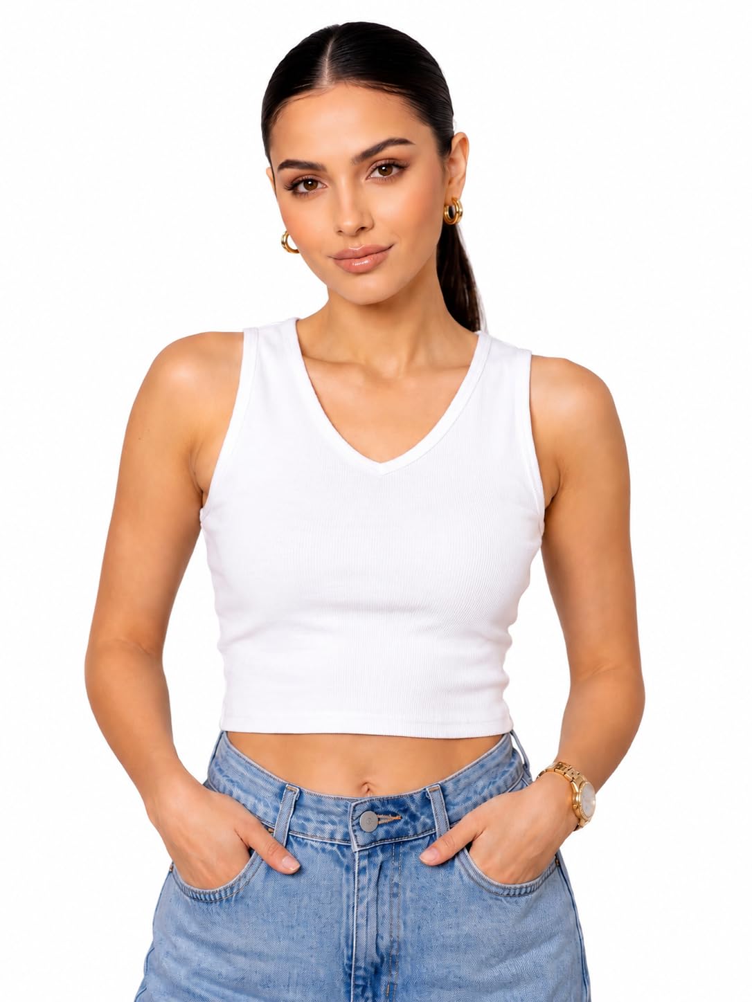 Women's Ribbed Cotton Blend Sleeveless V-Neck Crop Top | Stretchable Slim Fit Tank Top | Casual Solid Basic Crop Camisole for Gym, Yoga, Workout & Everyday Wear-image-20