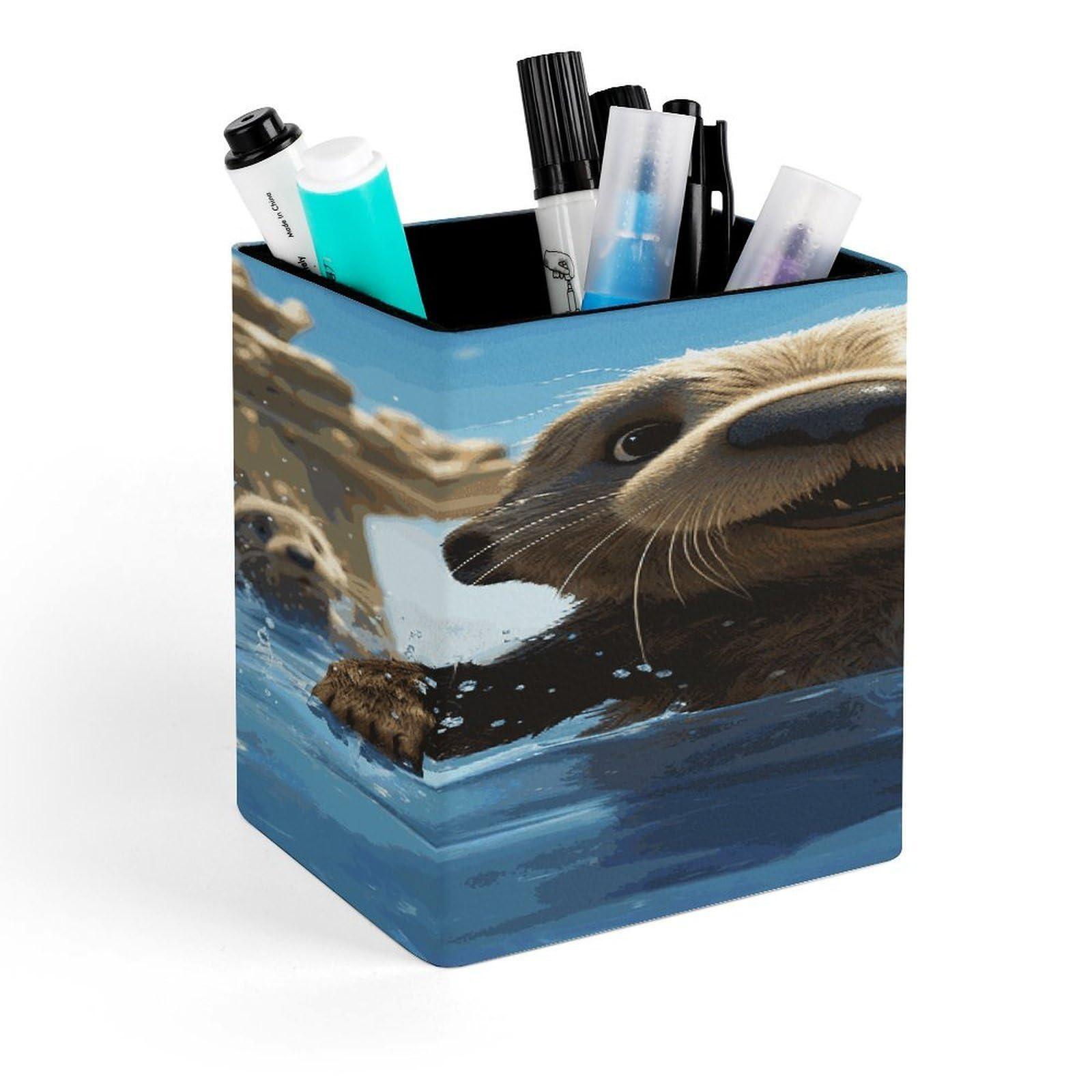 JTREHY Lovely Sea Otter Print Pen Holder Square Pen Pencil Holder Makeup Brush Holders Cup PU Leather Pencil Cups Desktop Caddy Stationery Organizer Case Office Accessories Container Box