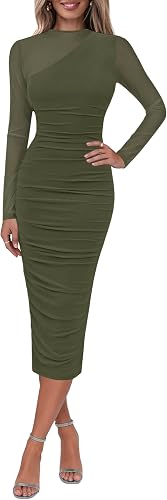 Lazysmile Women's Long Sleeve Mesh Bodycon Midi Dress