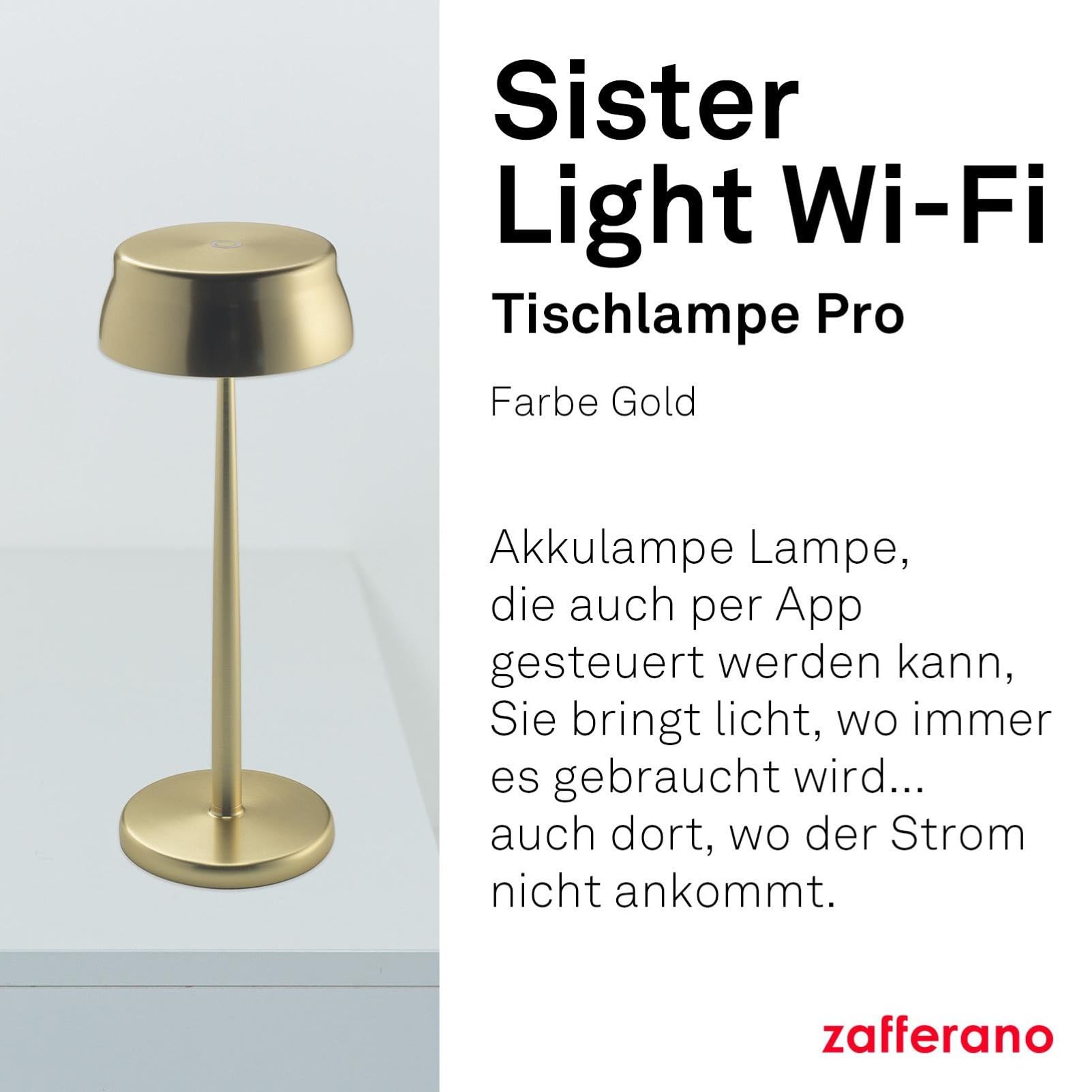Zafferano, Sister Light Wi-Fi Lampe, Wiederaufladbare und Kabellose Tischlampe mit Fernbedienung, Geeignet für den Innen- und Außenbereich, Stufendimmer, 2200-4000 K, Höhe 32,8 cm, Farbe Gold