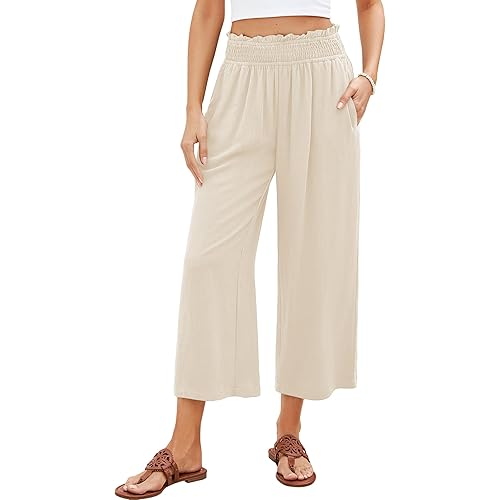 GRAPENT Capri Pants for Women High Waisted Wide Leg Linen Palazzo Trousers Pull On Elastic Smock Waist Loose Flowy Pants