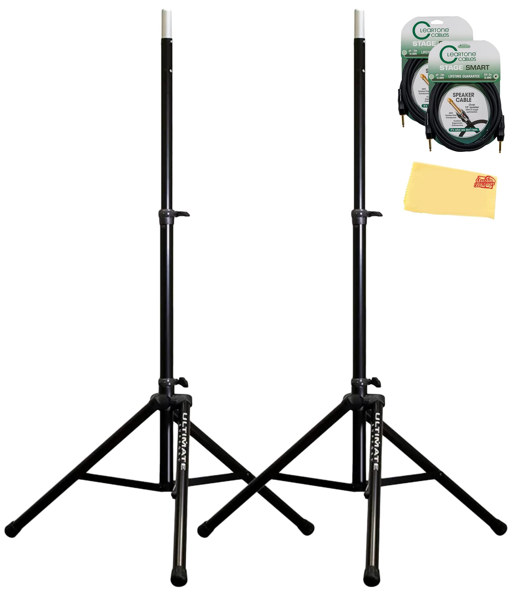 Ultimate SupportOriginal Speaker Stand Pair - Black Bundle with 2 Speaker Cable and Austin Bazaar Polishing Cloth
