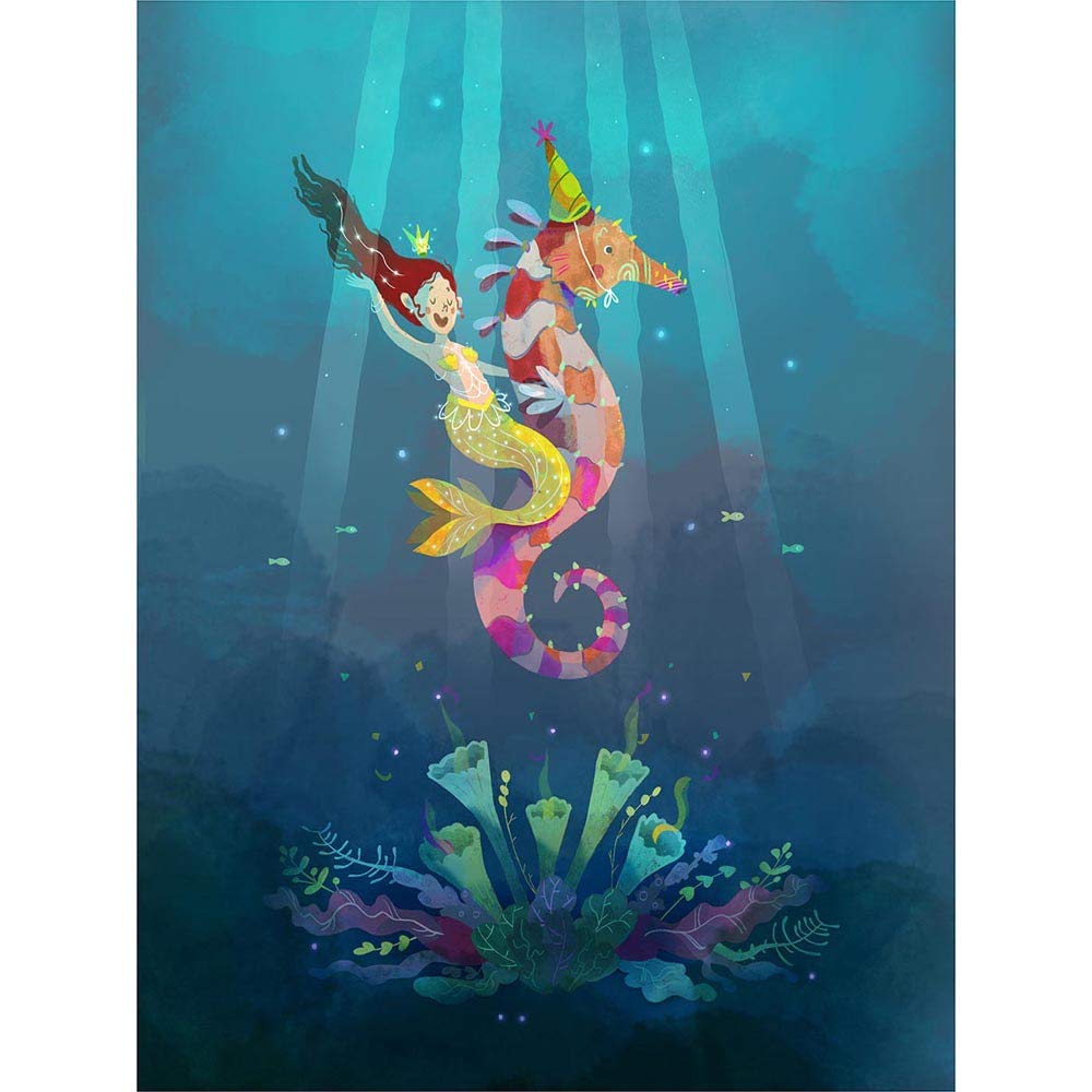 Wee Blue Coo Mermaid Seahorse Yellow Art Print Poster Wall Decor 12X16 Inch