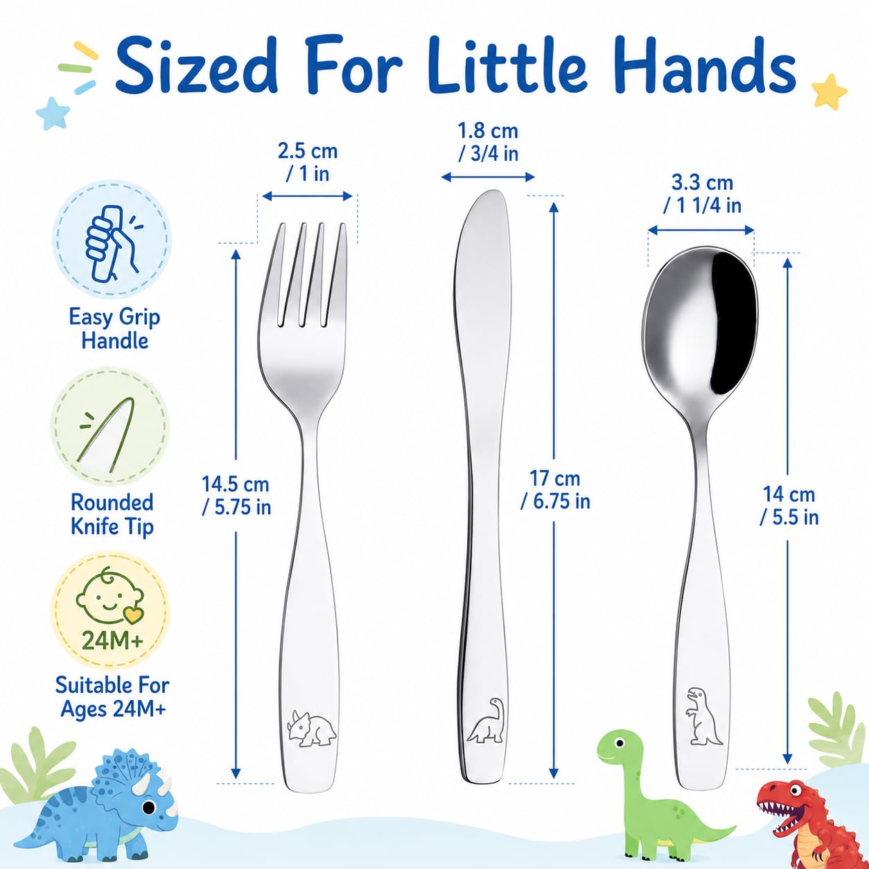 EXZACT Kinderbesteck 12 teiliges aus rostfreiem stahl/spülmaschinengeeignet Gravurbesteck - 4 x Gabeln, 4 x Sicherheitsmesser, 4 x Esslöffel - Dinosaurier (12 Stk Dinosaurier)