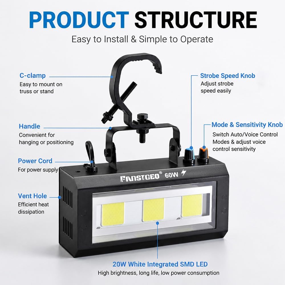 60W White LED Strobe Light Portable Stage Flash Lighting | Sound Activated & Auto Mode, Adjustable Speed & Sensitivity, Equipped with Hook, Perfect for Party Halloween Stage Club