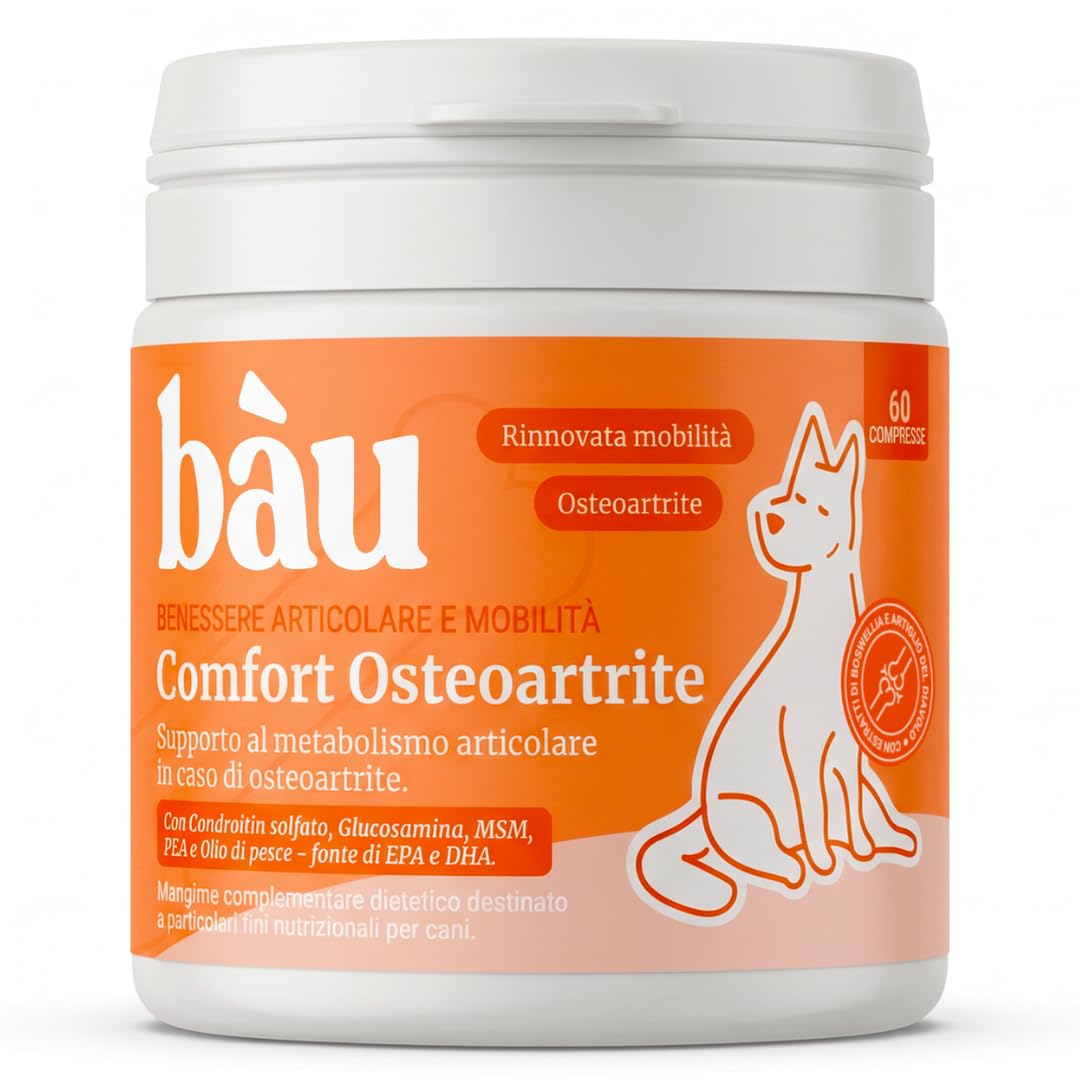 Bàu Comfort Osteoartrite Articolazioni Cane Forte, Condroprotettore Cane Anziano con Glucosamina, Condroitina, Cozza Verde e Collagene, Per Rigidità Articolare, Integratore Mobilità Cani -60cps
