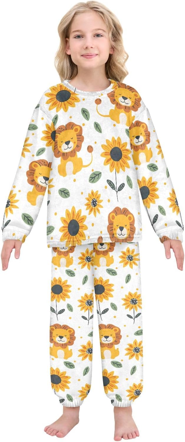 Kids Flannel Sets Cute Lion and Sunflower Warm Plush Relaxed Clothing for Boys and Girls