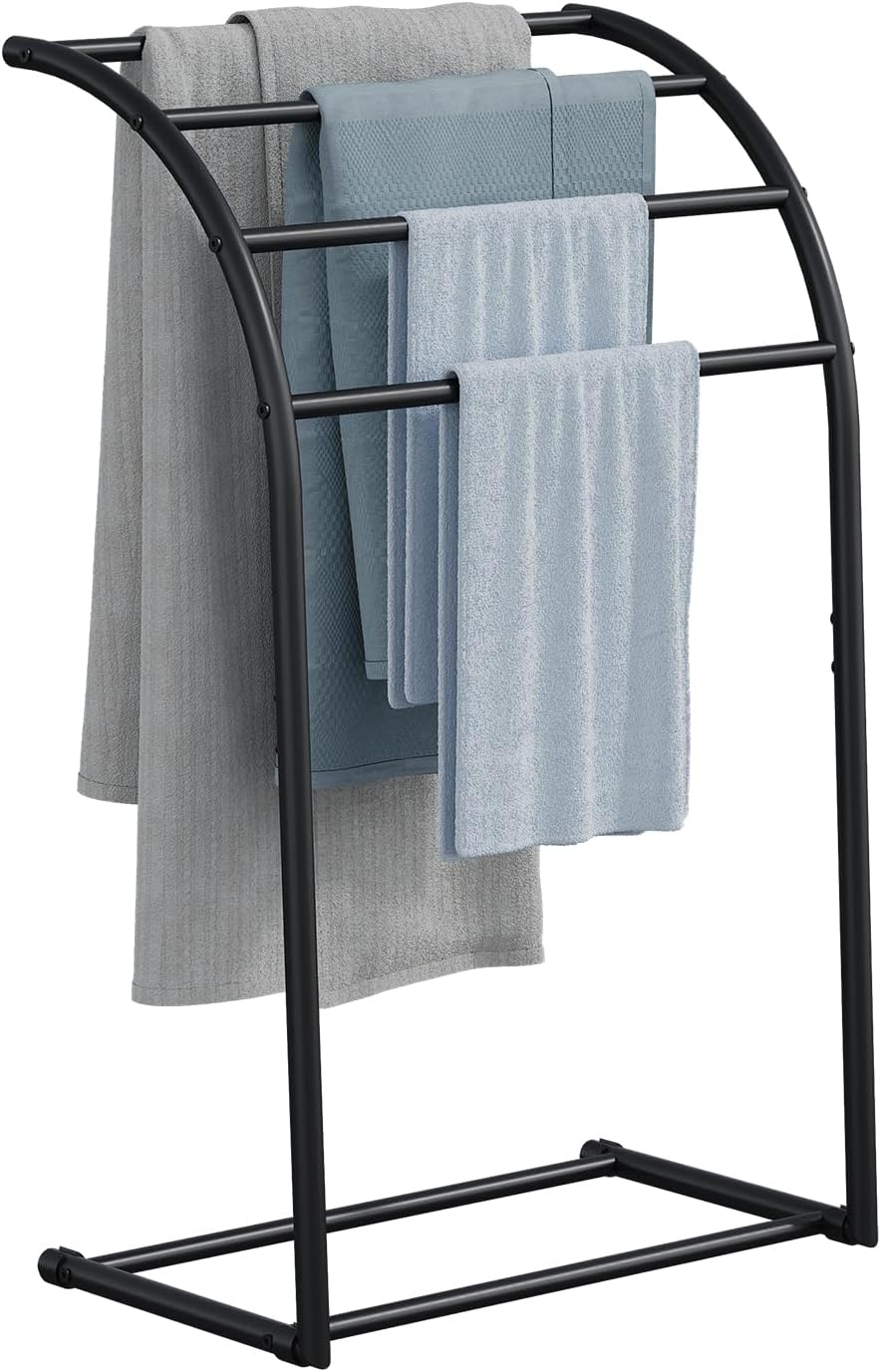 YINMIT 40 Inch Free Standing Towel Rack, 4 Tier Pool Towel Stand Outdoor, Floor Towel Holder for Bathroom, Black Metal Towel Display Rack