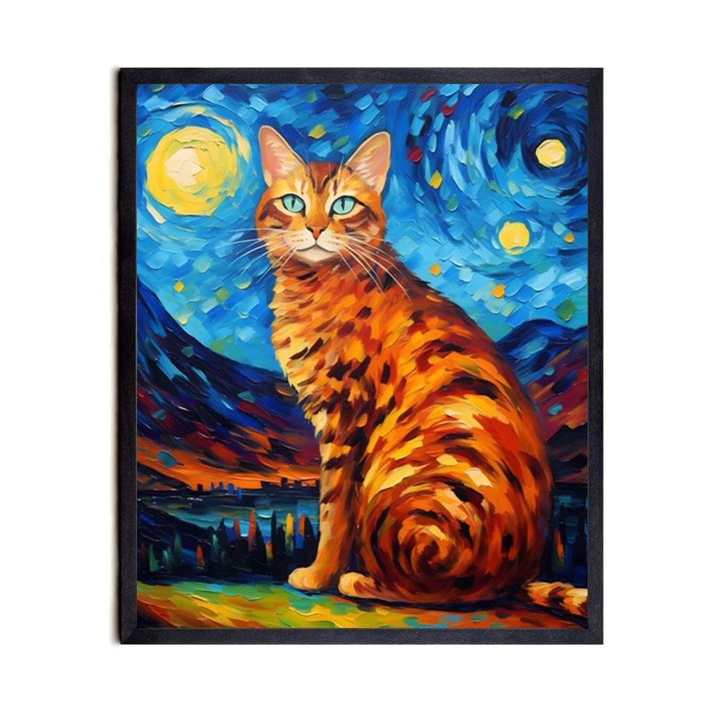 Bestbuddy Pet 11X14 Unframed Starry Night Van Gogh Inspired Bengal Cat Mountains Lake Forest Family Animal Lover Pet Oil Painting Art Print Poster Wall Decor AP167