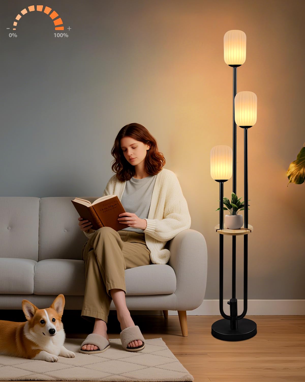 Lampa podłogowa do salonu, ściemniana lampa podłogowa w stylu vintage, z półką i żarówkami LED, 3 światła, 3000 K, miękka, ciepła biel, z połowy wieku, wysokie lampy do sypialni, biura