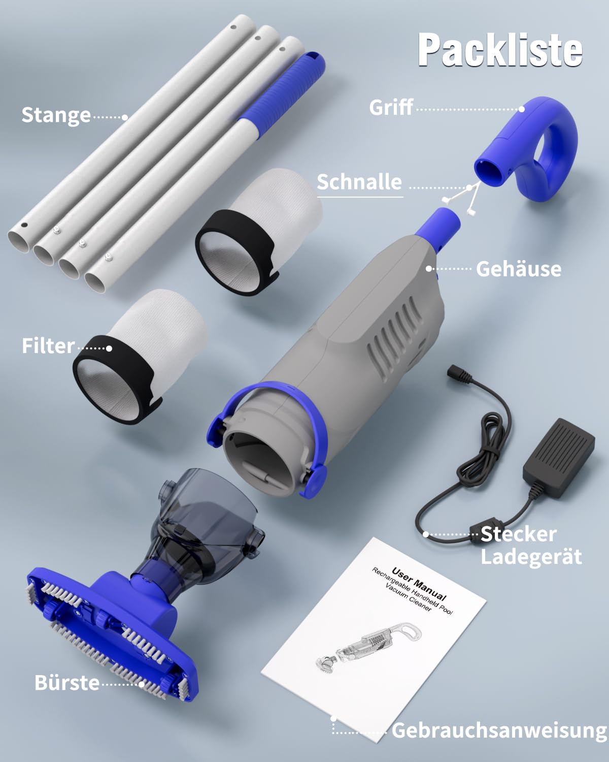 Little Shark Poolstaubsauger für Aufstellpools, Whirlpool-Staubsauger mit 60W-Motor, 18 Gallonen/Minute starke Saugleistung, kompakter und leichter Poolstaubsauger mit 5000-mAh-Akku, 1 Stunde Laufzeit