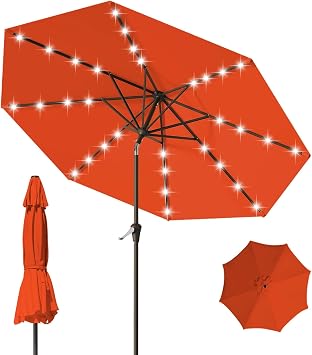 9FT Patio Umbrella with Solar Lights,Outdoor Market Umbrella with Tilt and Crank, LED Lighted Table Umbrella for Garden,Deck,Backyard,Pool,Beach Orange