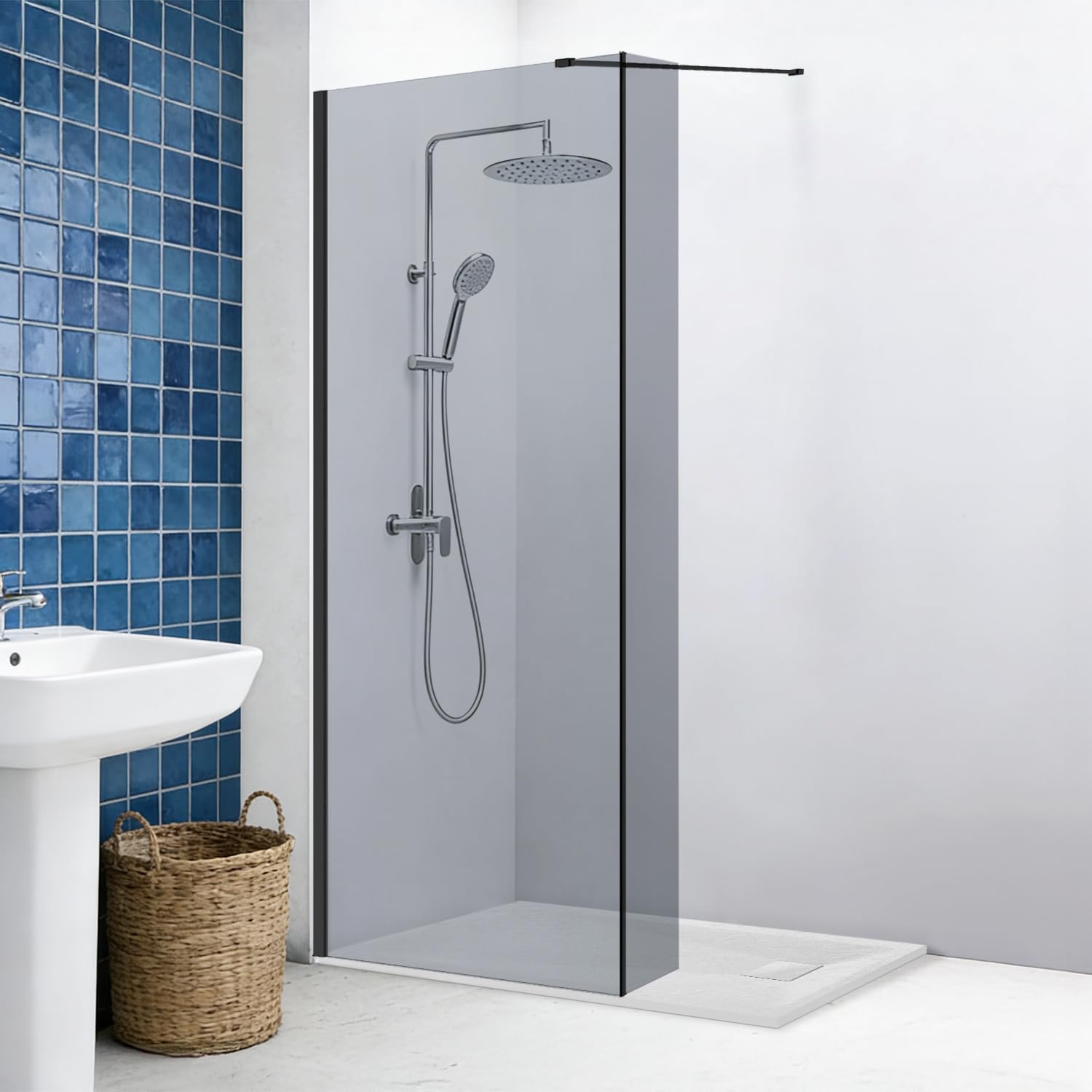 NRG 760mm Grey Wetroom Shower Screen, 1300x800mm White Tray, 300mm Return
