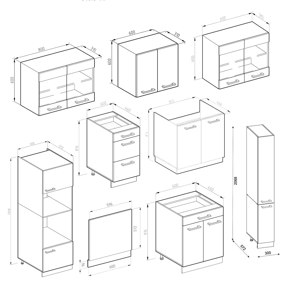 Vicco Cucina componibile R-Line, Antracite lucido/bianco, 350 cm con armadio alto, senza piano di lavoro, adatto per disposizione e ampliamento personalizzati