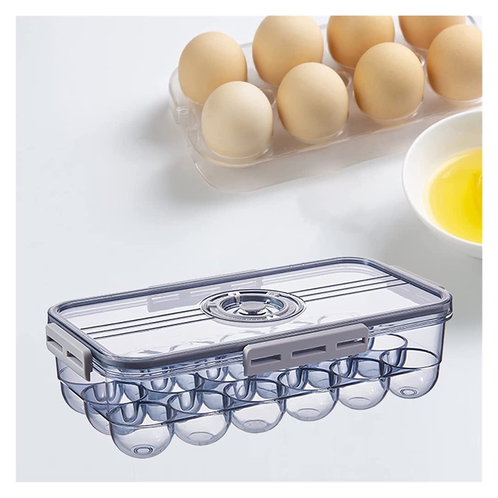 JSY Bandeja de almacenamiento de huevos para nevera, bandeja de huevos con tapa, apilable, de alta transparencia, para huevos de PET y accesorios (color: azul, tamaño: 18 rejillas)