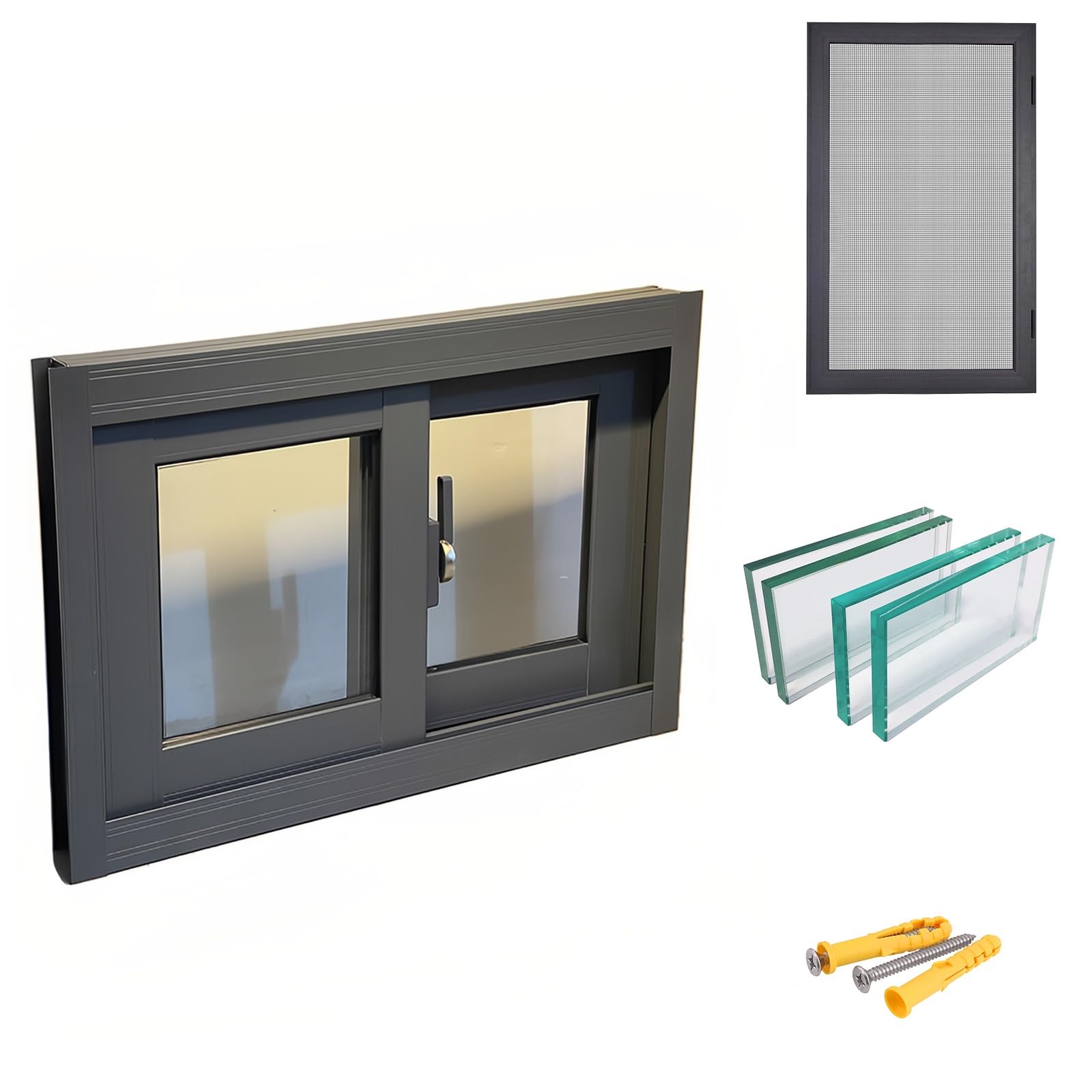Ciemnoszare aluminiowe okno przesuwne do szop i kurników izolowane szkło hartowane pozioma konstrukcja 39 x 18 cali (99 x 46 cm) - i stylowe ulepszenie domu