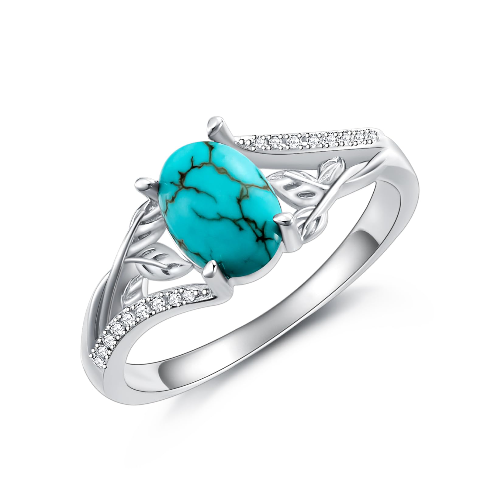 DOLIOX Genuine Turquoise Rings for Women 925 Sterling Silver Leaf with Oval Gemstone CZ Anniversary Ring Jewelry for Her Wife Mom