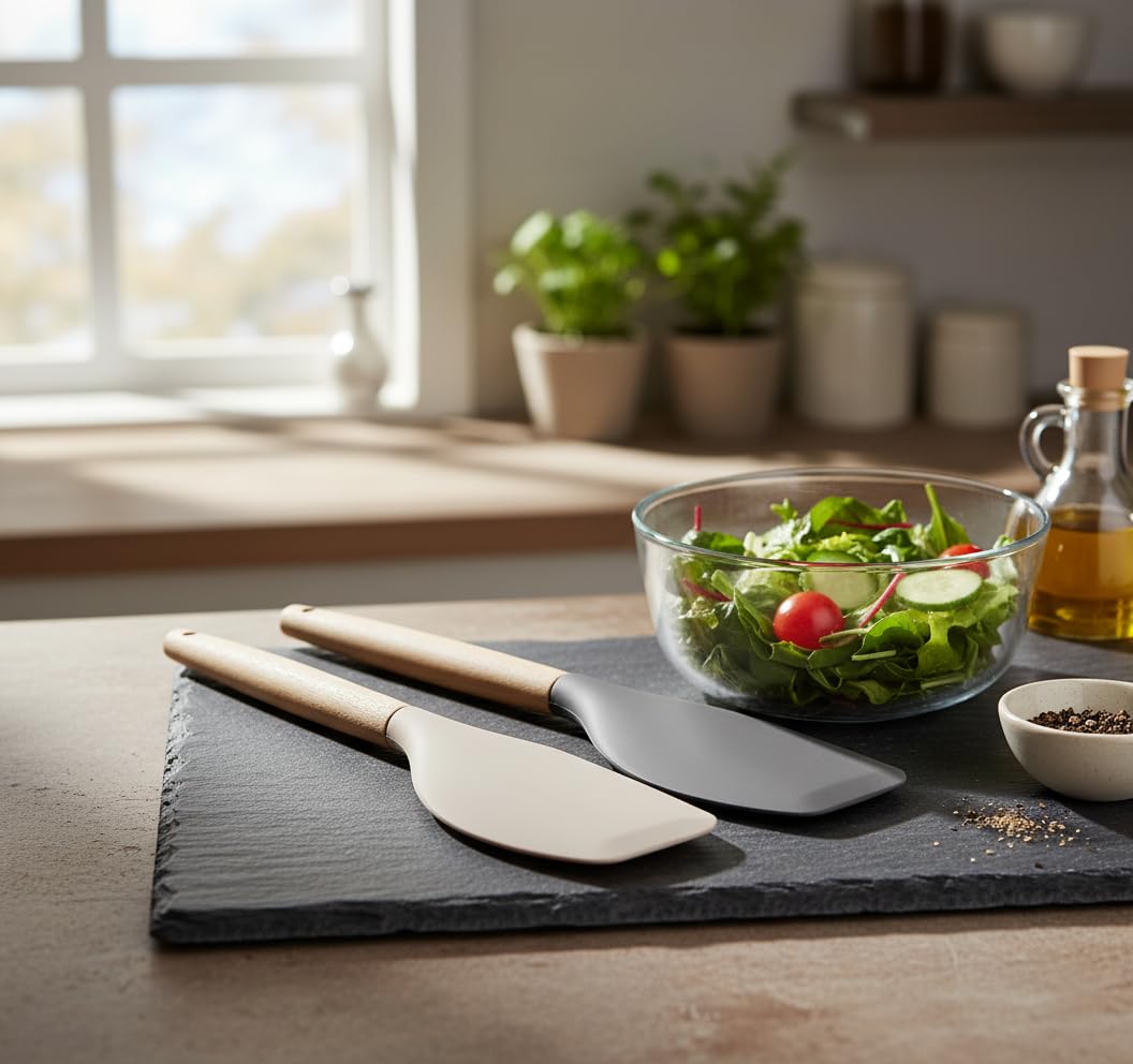 Deconox Bambu Saplı Silikon Dar Sıyırma Spatulası, Bambu Uzun Silikon Dar Spatula 27cm 3 Renk Seçenekli (KREM)