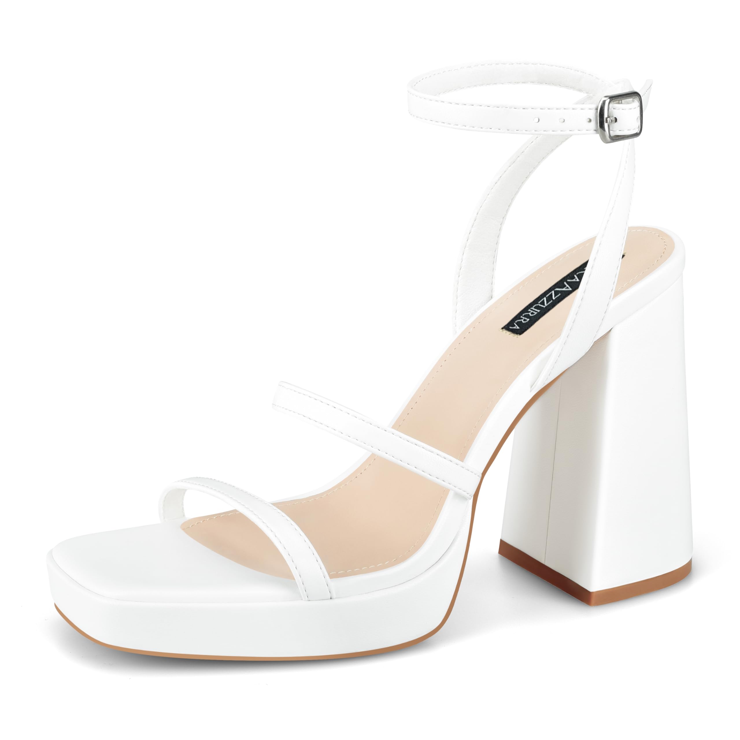 MIRAAZZURRA Platform Strappy Heel Sandals Square Open Toe Two Strap Chunky High Heeled Sandals with Buckle Ankle Strap for Women Party Wedding Dress