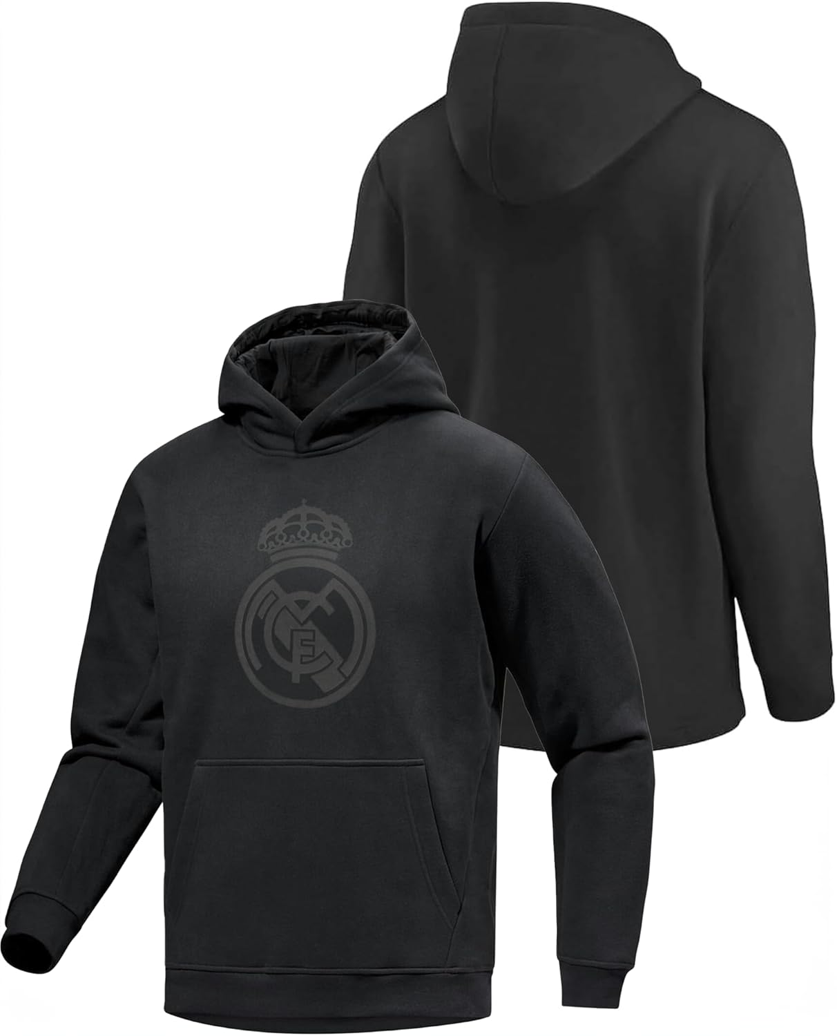 Icon Sports Boy's Real Madrid Pullover Hoodie, Black Logo Print on Black, Youth Sizes Sweatshirt