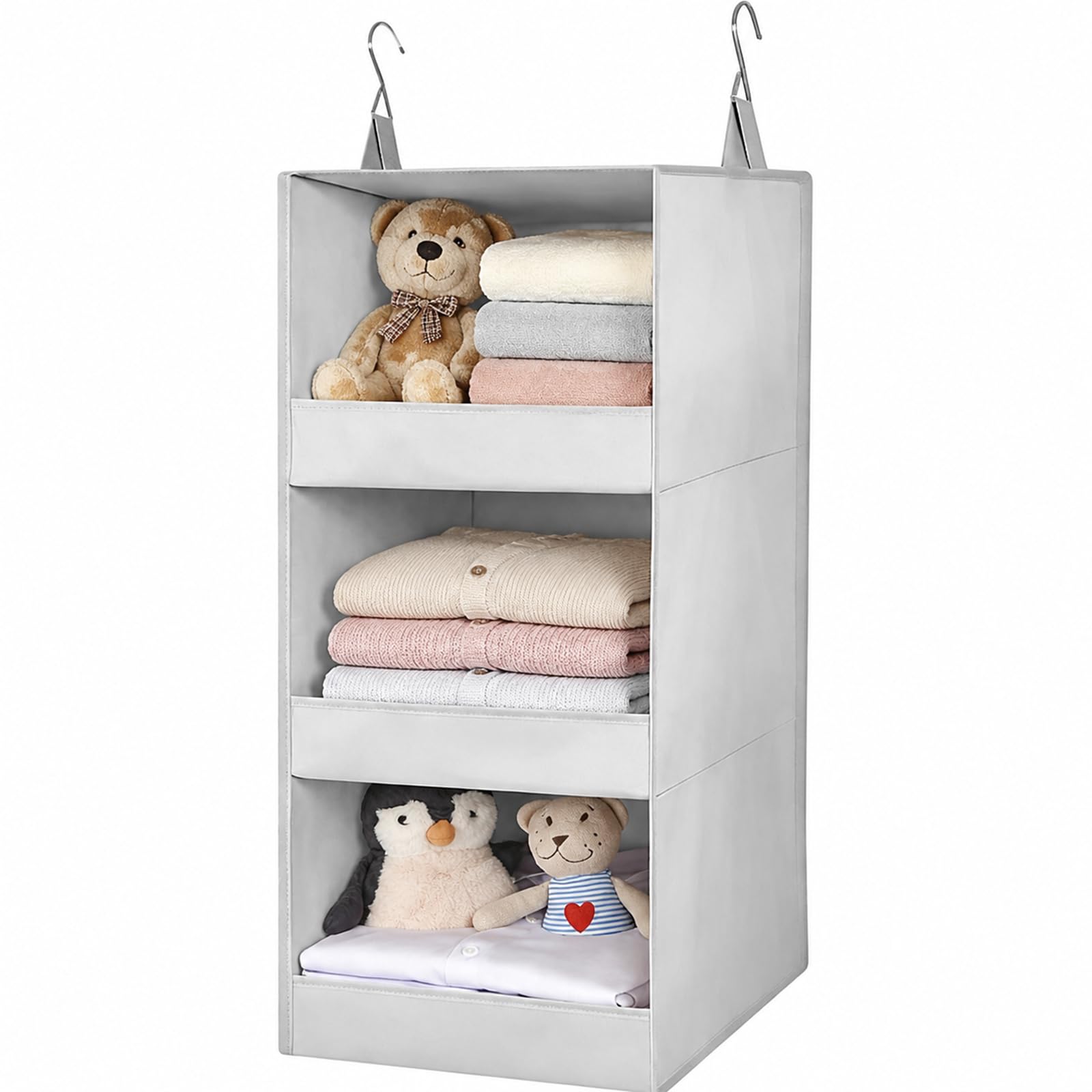 Admygo 3 Shelf Hanging Wardrobe Organiser, Foldable Hanging Storage Shelves for Wardrobe, Clothes Organiser with Metal Hooks, Space Saving Hanging Clothes Organiser, Grey (31.1 x 12.2 x 12.2 Inch)
