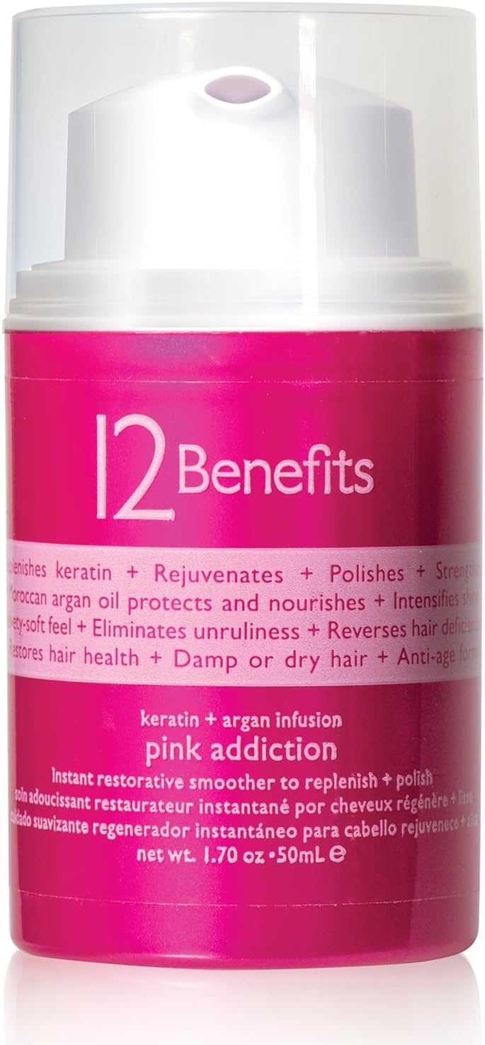 12 Benefits Pink Addiction Balm - 1.7 Fl Oz, Keratin + Argan Oil Hair Cream for Blow/Air Dry, Frizz Free Styling, Smooths, Strengthens, and Rejuvenates Hair