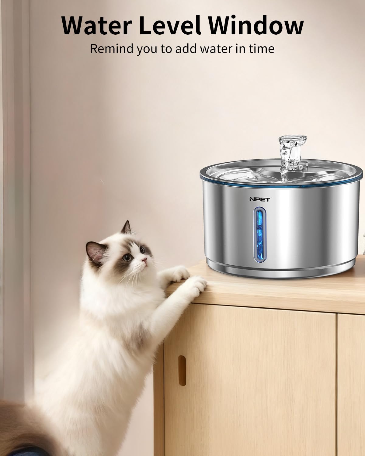 NPET Fuente de agua para gatos, 3,827.2 g/1 galón, acero inoxidable, blanco, con 3 filtros de repuesto, ultra silenciosa, ventana visible, para gatos y perros